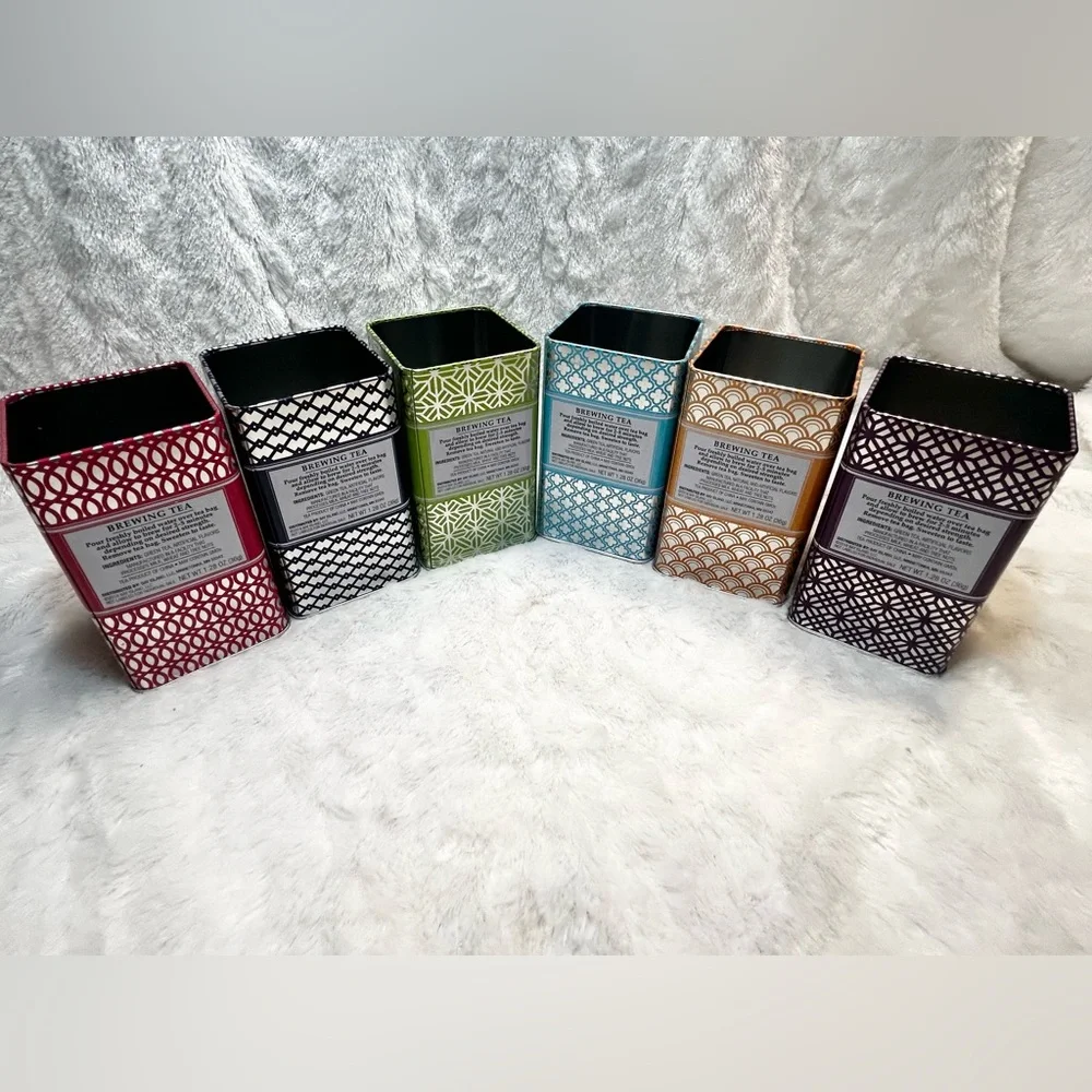 (6) EMPTY METAL TIN TEA BAG CONTAINERS VASES PEN HOLDERS ORGANIZERS NO LIDS